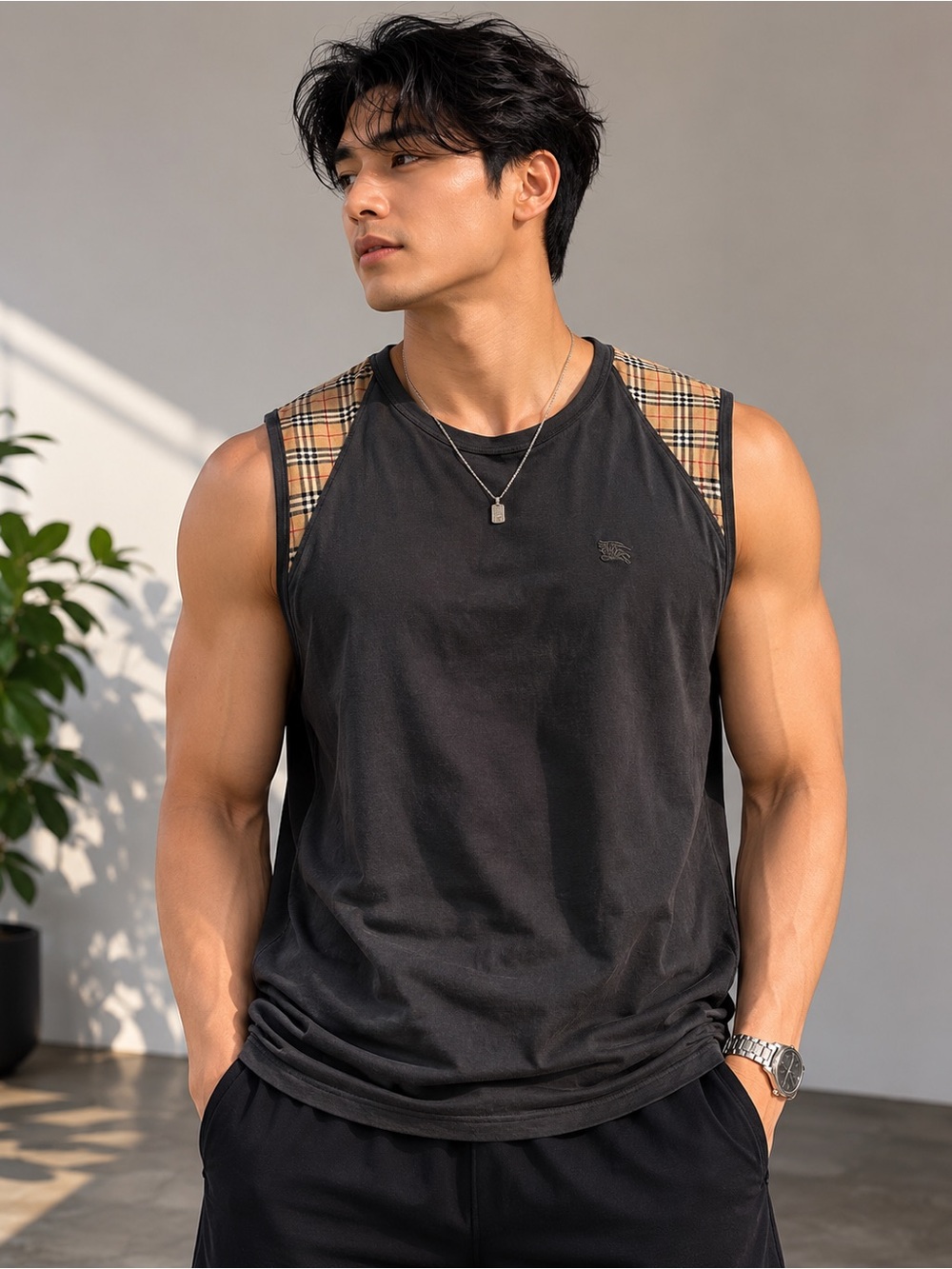 Men Burberry Check Trim Jersey Tank Top in black XL